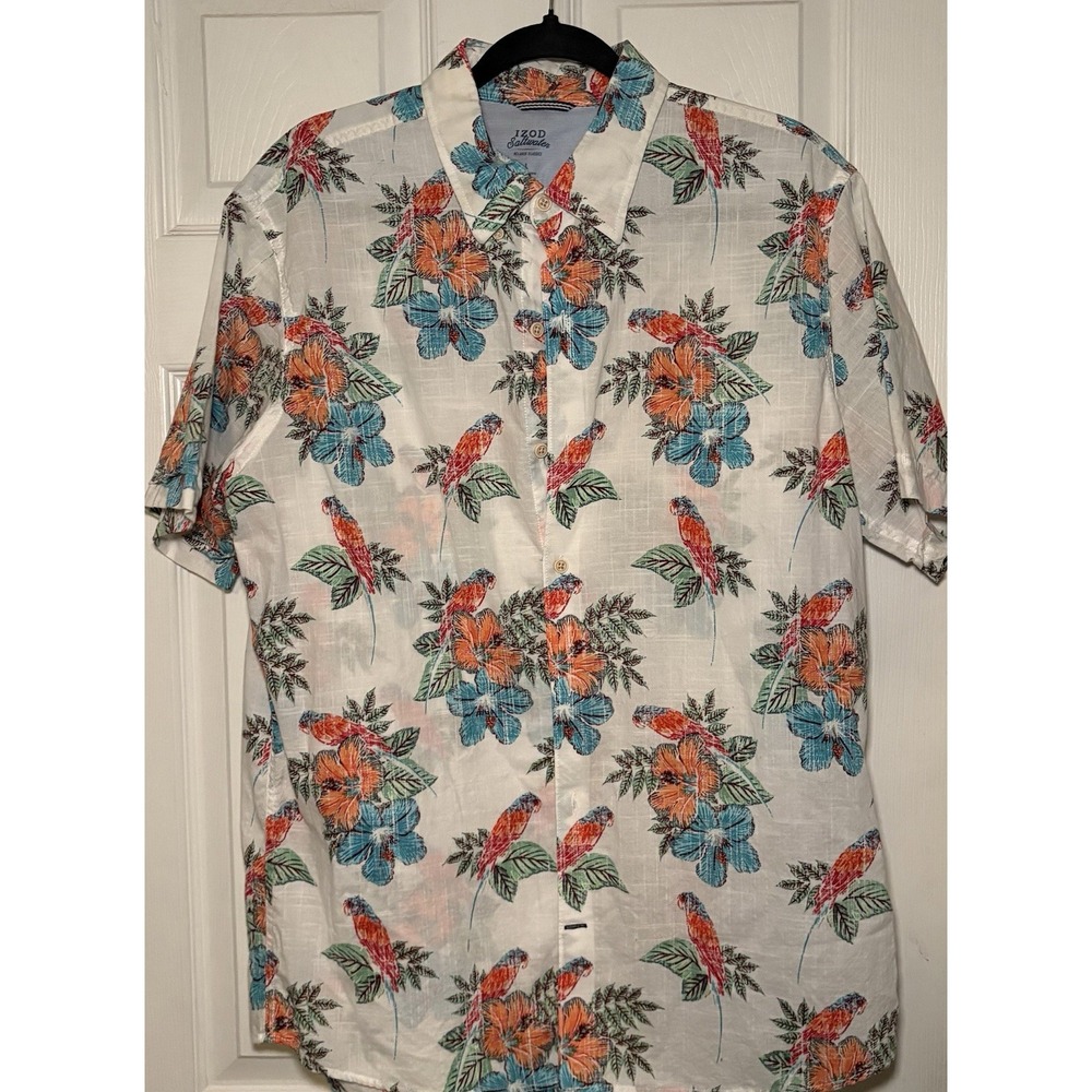 IZOD SALTWATER Men's Parrot Print Short Sleeve Button Front Shirt Size L